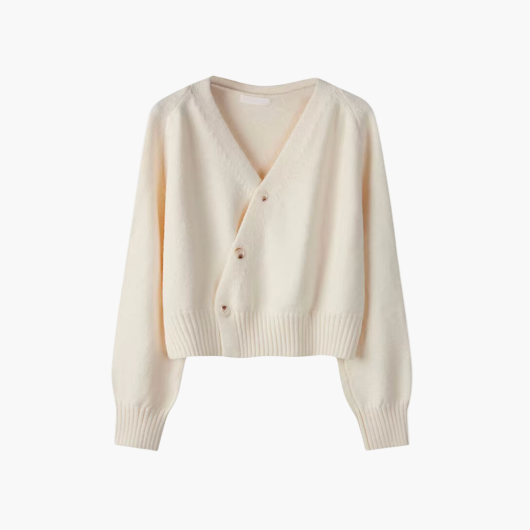 Women's V-Neck Cardigan - Asymmetrical Button Knit