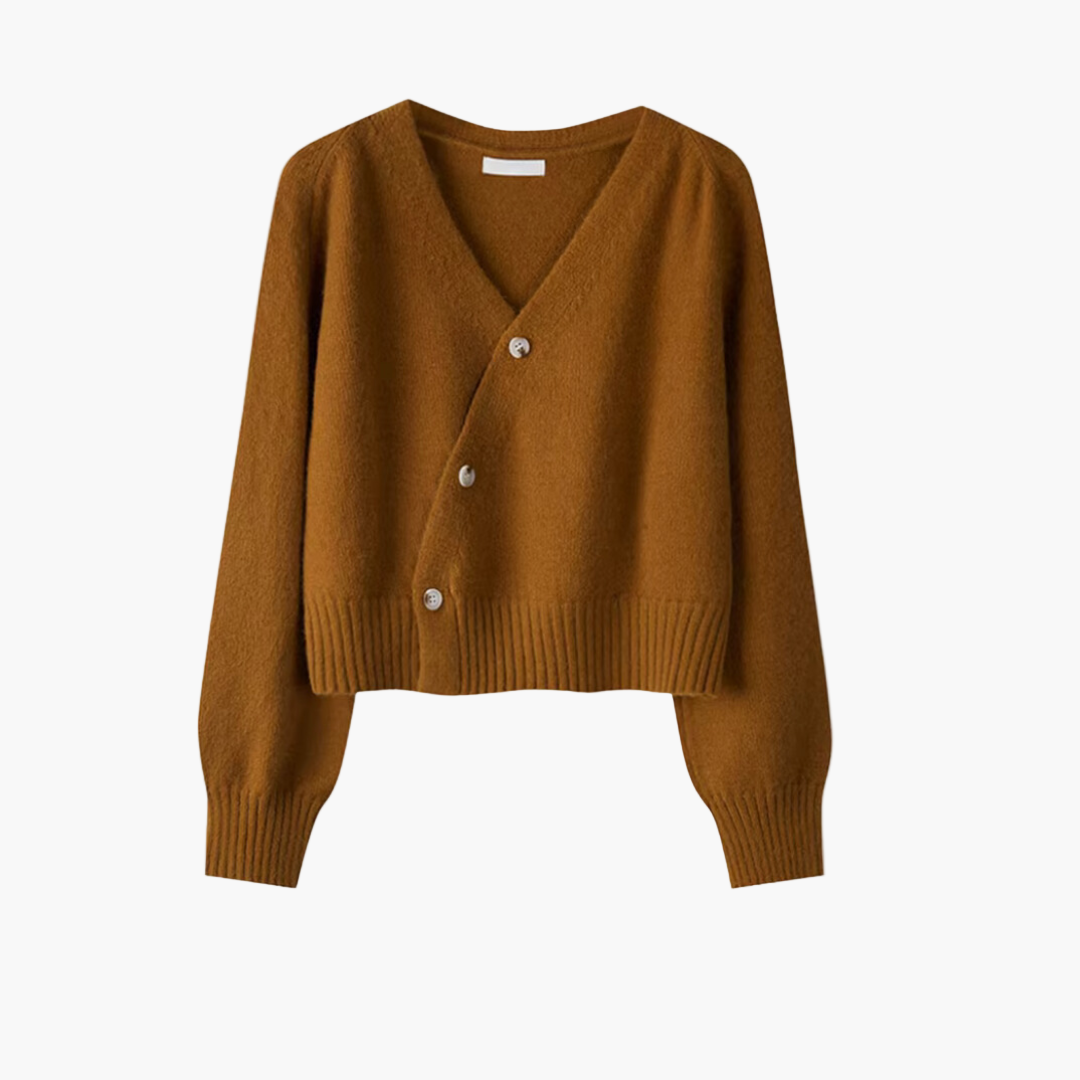Women's V-Neck Cardigan - Asymmetrical Button Knit