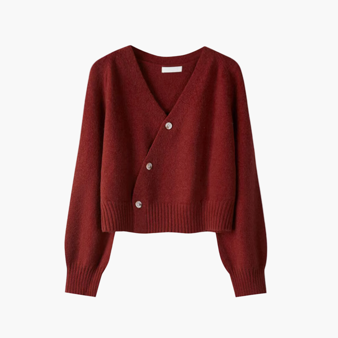 Women's V-Neck Cardigan - Asymmetrical Button Knit