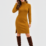 Cable Knit Polo-Neck Jumper Dress – Knee Length, Medium Stretch, Everyday Wear