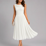 Pleated Midi Dress – Draped Neckline, Fitted Waist, Special Occasion Wear