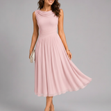Pleated Midi Dress – Draped Neckline, Fitted Waist, Special Occasion Wear