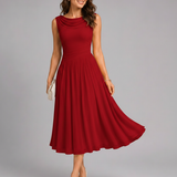 Pleated Midi Dress – Draped Neckline, Fitted Waist, Special Occasion Wear