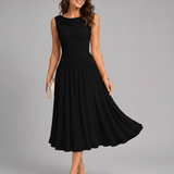 Pleated Midi Dress – Draped Neckline, Fitted Waist, Special Occasion Wear
