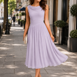Pleated Midi Dress – Draped Neckline, Fitted Waist, Special Occasion Wear