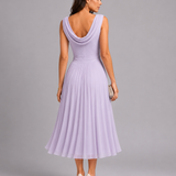 Pleated Midi Dress – Draped Neckline, Fitted Waist, Special Occasion Wear