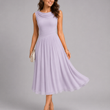 Pleated Midi Dress – Draped Neckline, Fitted Waist, Special Occasion Wear