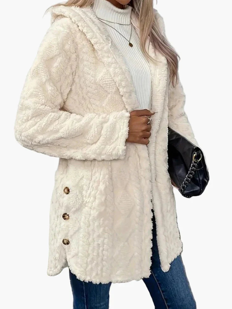 Chloe | Women's Teddy Fleece Hooded Jacket - Cosy Button Up Cardigan