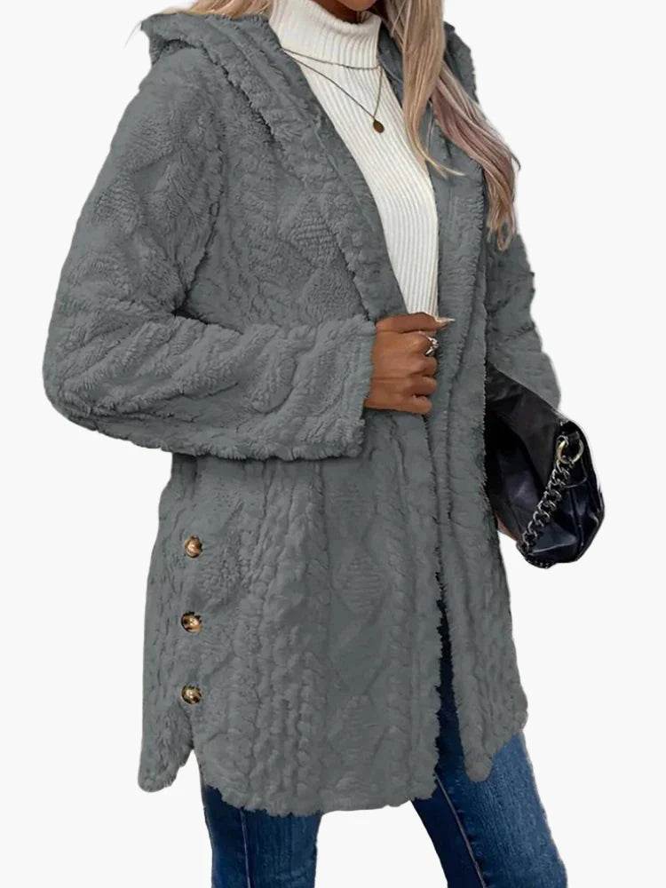 Chloe | Women's Teddy Fleece Hooded Jacket - Cosy Button Up Cardigan