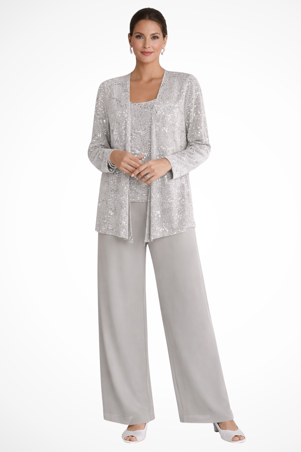 Three-Piece Occasion Suit - Elegant Lace Layer with Wide-Leg Trousers