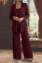 Three-Piece Occasion Suit - Elegant Lace Layer with Wide-Leg Trousers