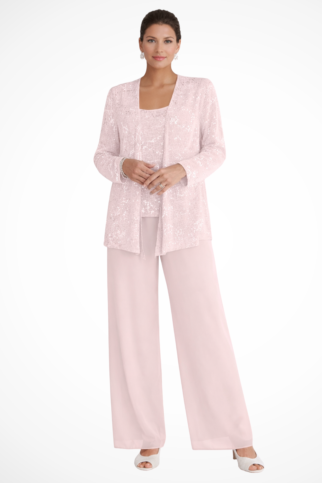 Three-Piece Occasion Suit - Elegant Lace Layer with Wide-Leg Trousers