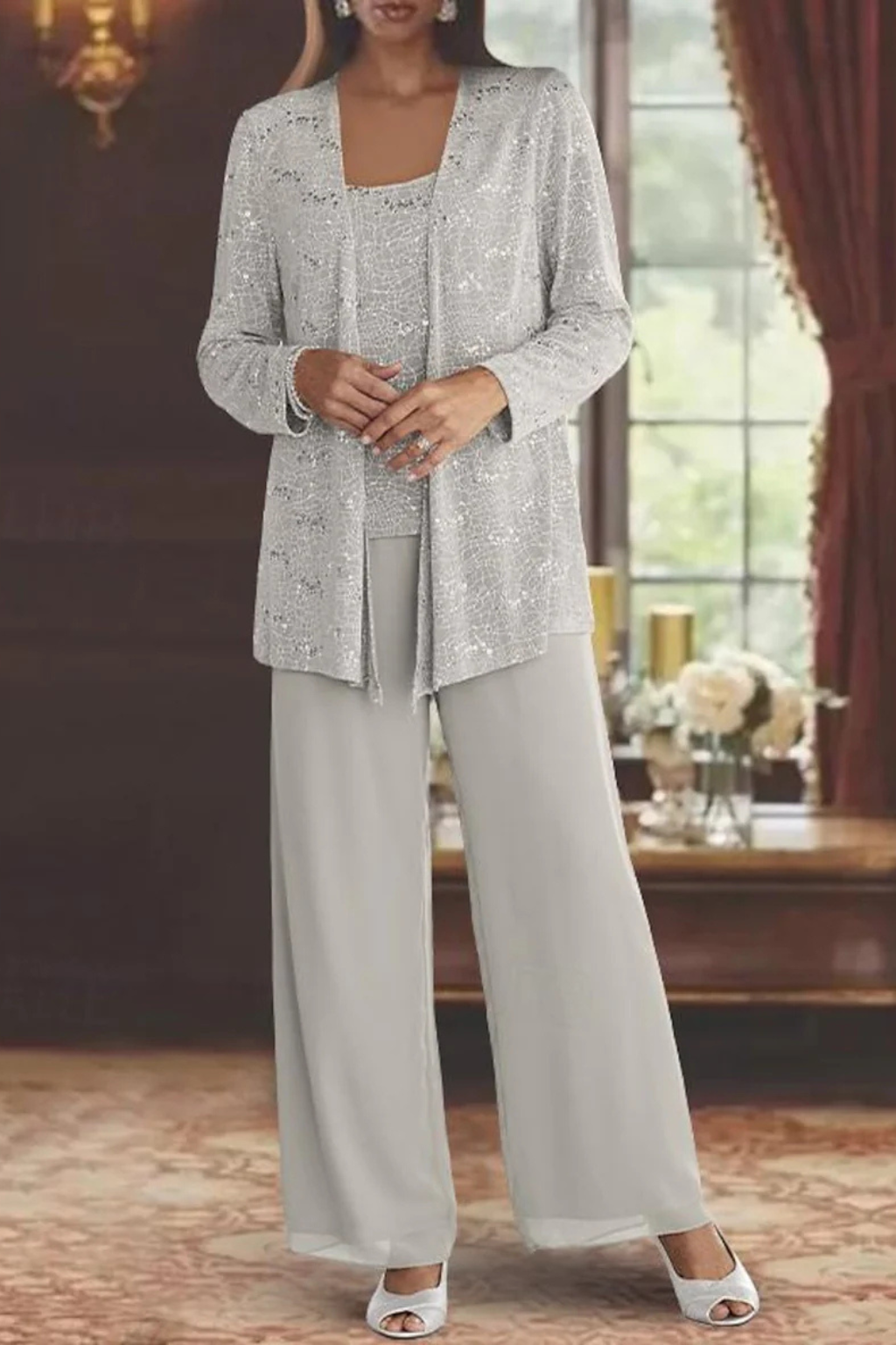 Three-Piece Occasion Suit - Elegant Lace Layer with Wide-Leg Trousers