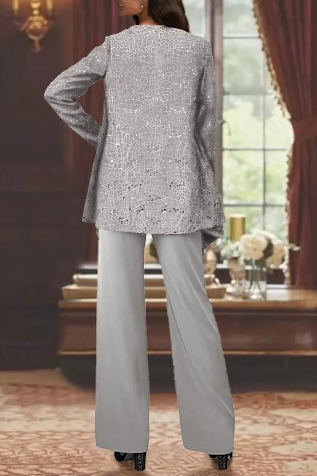 Three-Piece Occasion Suit - Elegant Lace Layer with Wide-Leg Trousers