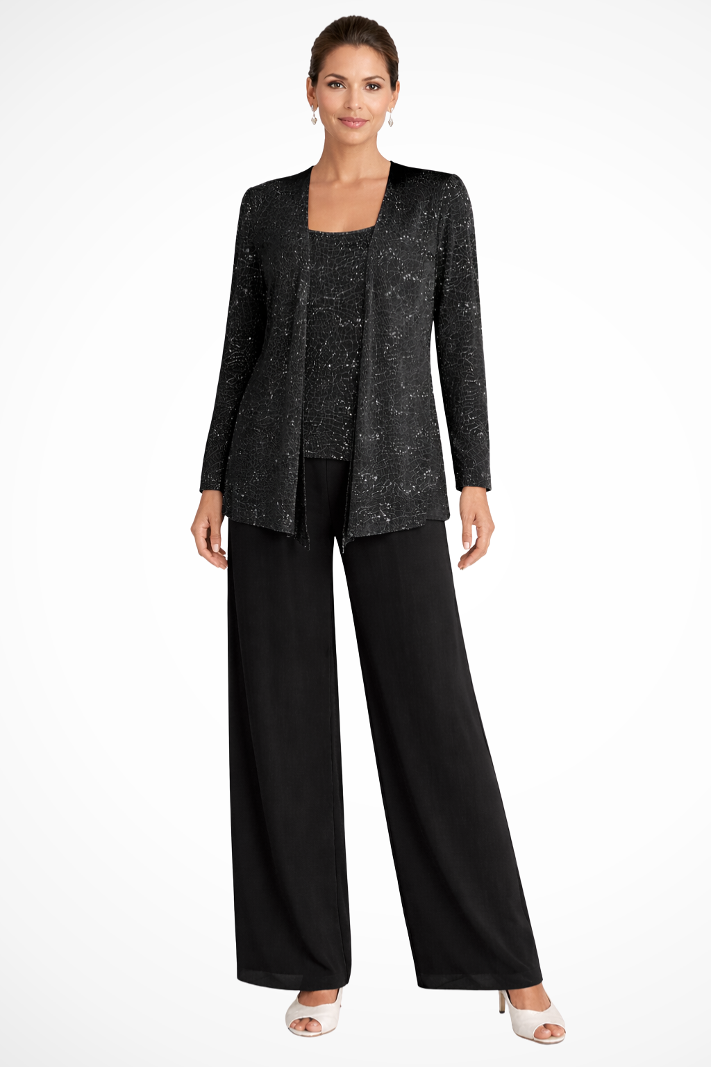 Three-Piece Occasion Suit - Elegant Lace Layer with Wide-Leg Trousers