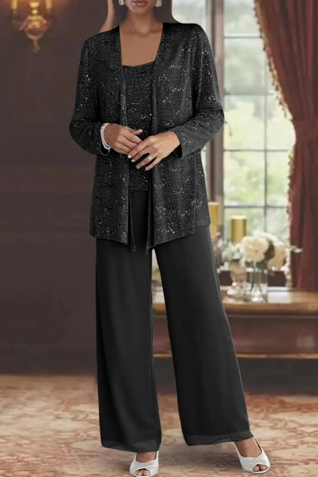 Three-Piece Occasion Suit - Elegant Lace Layer with Wide-Leg Trousers