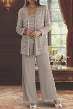 Three-Piece Occasion Suit - Elegant Lace Layer with Wide-Leg Fit