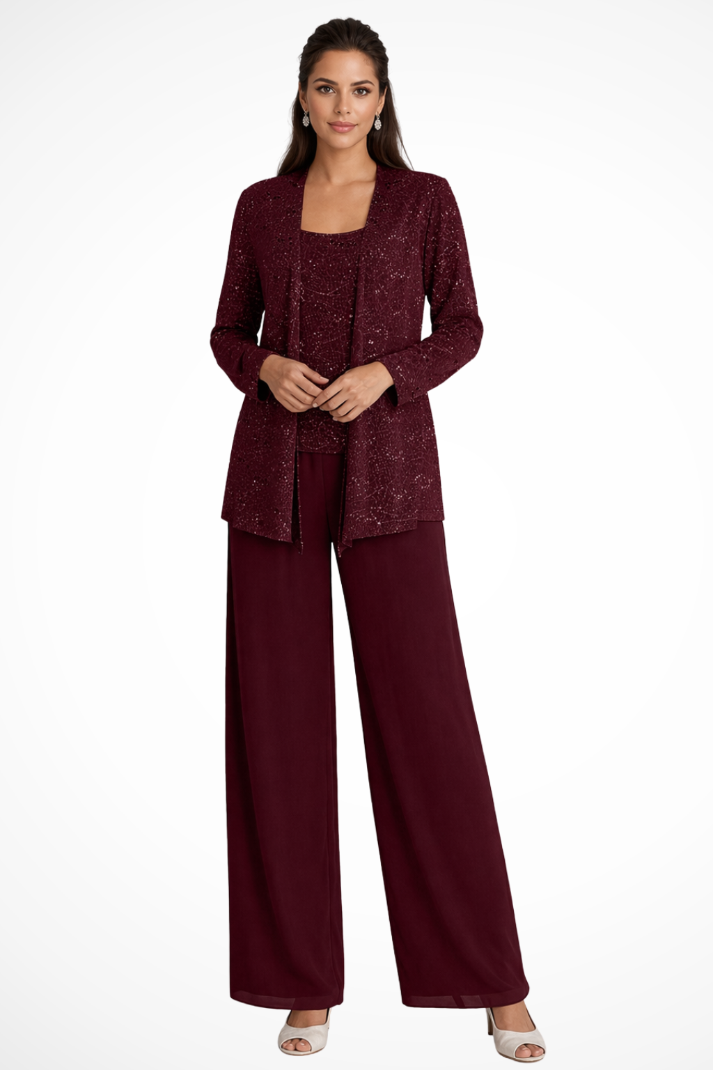 Three-Piece Occasion Suit - Elegant Lace Layer with Wide-Leg Fit