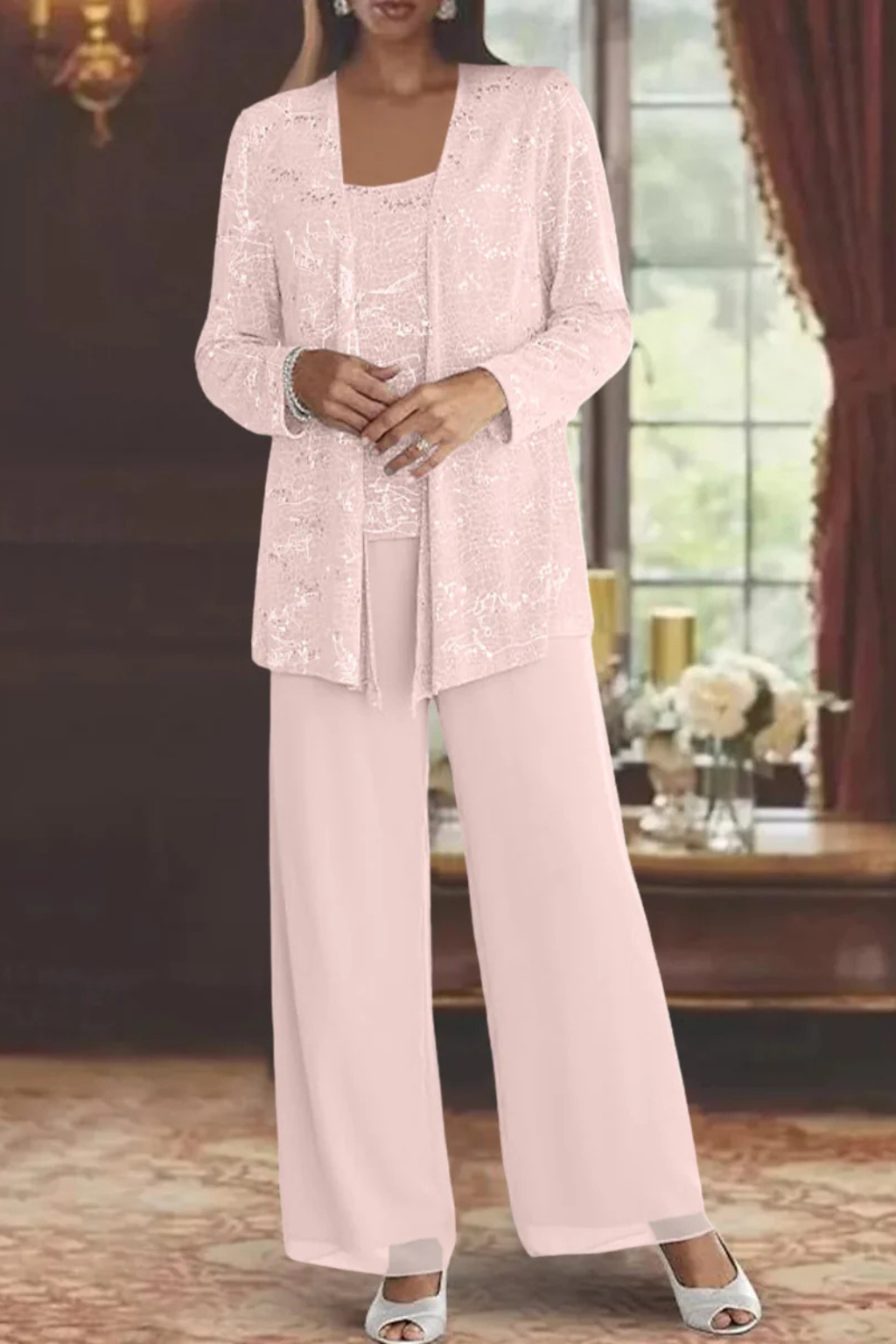 Three-Piece Occasion Suit - Elegant Lace Layer with Wide-Leg Fit