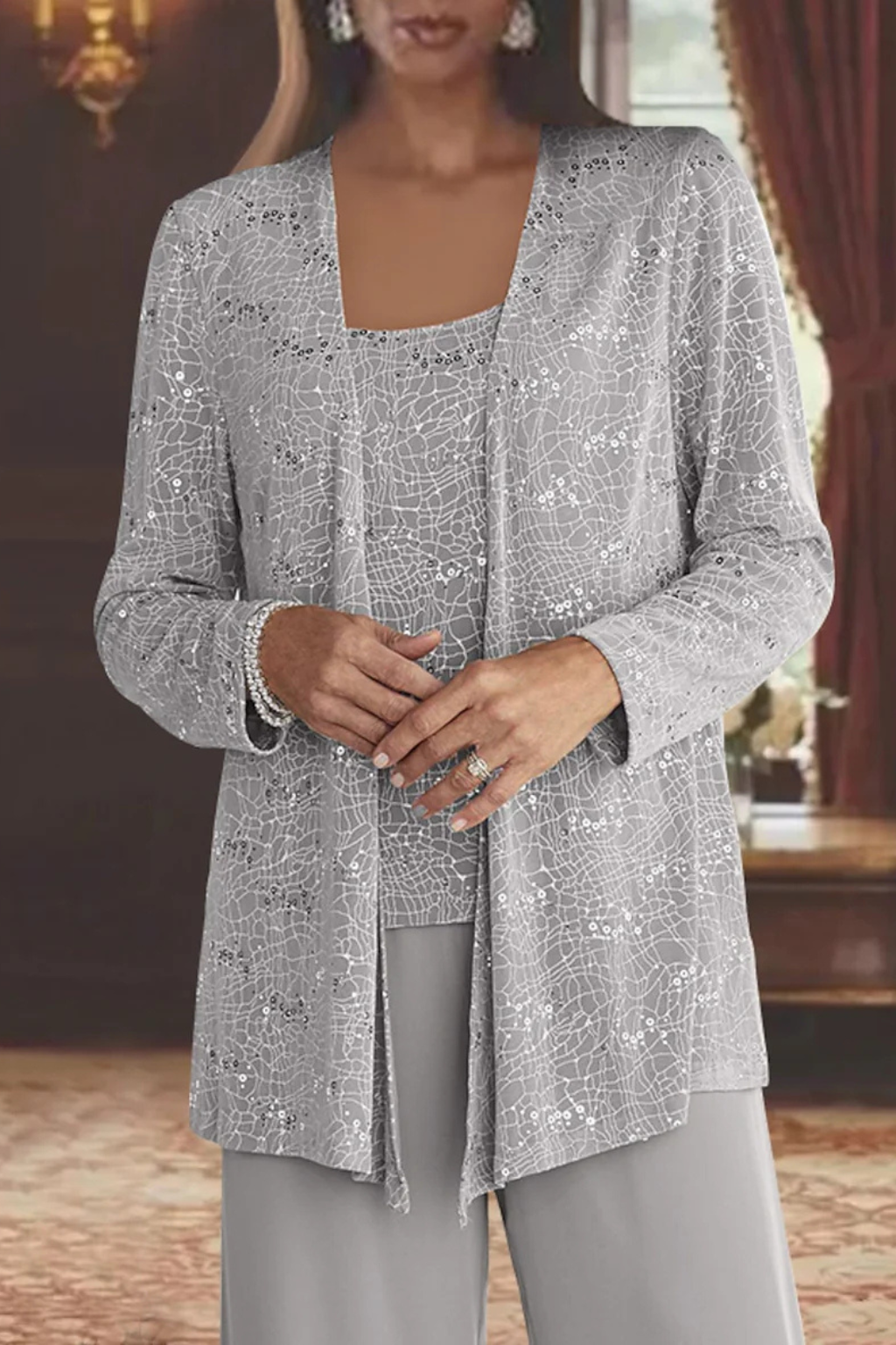 Three-Piece Occasion Suit - Elegant Lace Layer with Wide-Leg Fit