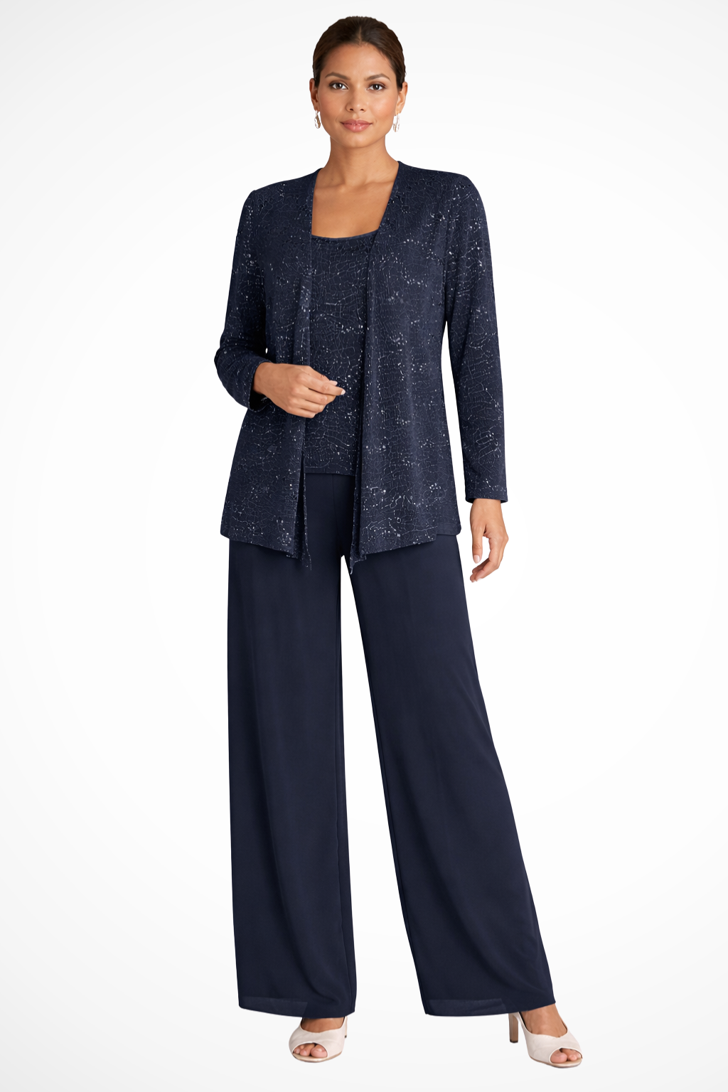 Three-Piece Occasion Suit - Elegant Lace Layer with Wide-Leg Fit