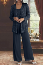 Three-Piece Occasion Suit - Elegant Lace Layer with Wide-Leg Fit