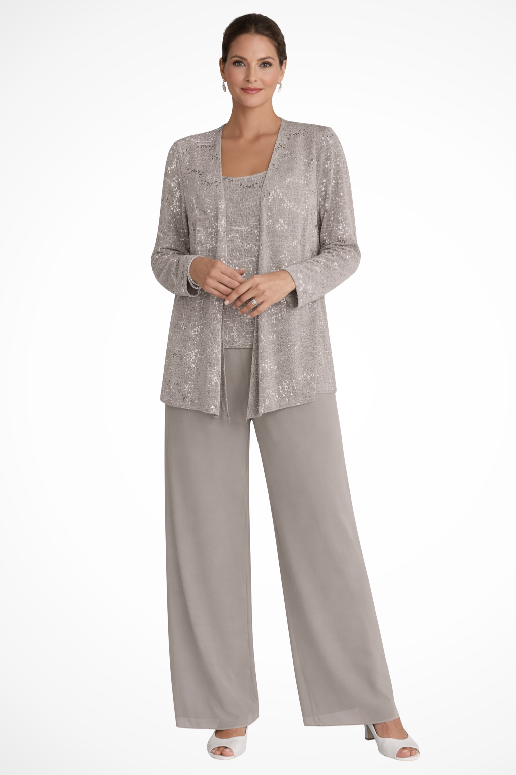 Three-Piece Occasion Suit - Elegant Lace Layer with Wide-Leg Fit