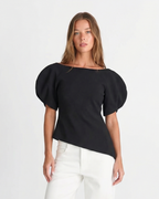 Asymmetric Top Black Puff Sleeve Short Sleeve Essential