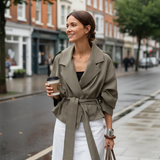 Women's Cropped Trench Coat – Lapel Collar, Belted Waist, Loose Fit for Everyday Wear