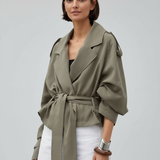 Women's Cropped Trench Coat – Lapel Collar, Belted Waist, Loose Fit for Everyday Wear