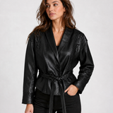 Women's Faux Leather Jacket – Lace-Up Detail, Belted Fit for Everyday Layering