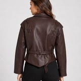 Women's Faux Leather Jacket – Lace-Up Detail, Belted Fit for Everyday Layering