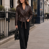 Women's Faux Leather Jacket – Lace-Up Detail, Belted Fit for Everyday Layering