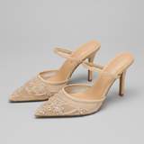 Women's Mesh Mule Heels – Floral Embroidery, Pointed Toe Design for Special Occasions