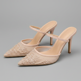 Women's Mesh Mule Heels – Floral Embroidery, Pointed Toe Design for Special Occasions