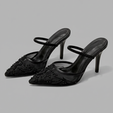 Women's Mesh Mule Heels – Floral Embroidery, Pointed Toe Design for Special Occasions