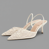 Women's Mesh Mule Heels – Floral Embroidery, Pointed Toe Design for Special Occasions