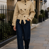 Women's Short Trench Coat – Double-Breasted Design, Belted Fit for Everyday Wear