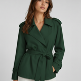 Women's Trench Coat – Belted Short Design, Long Sleeves, Ideal for Spring Layering