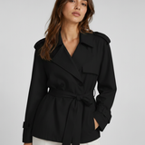 Women's Trench Coat – Belted Short Design, Long Sleeves, Ideal for Spring Layering