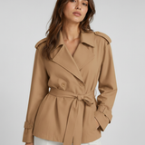 Women's Trench Coat – Belted Short Design, Long Sleeves, Ideal for Spring Layering