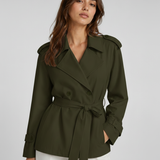 Women's Trench Coat – Belted Short Design, Long Sleeves, Ideal for Spring Layering