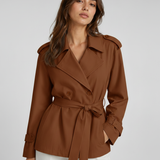 Women's Trench Coat – Belted Short Design, Long Sleeves, Ideal for Spring Layering