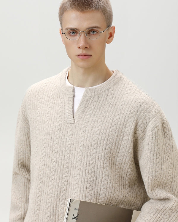 Cable Knit Notch Neck Sweater – Classic Warm Knit