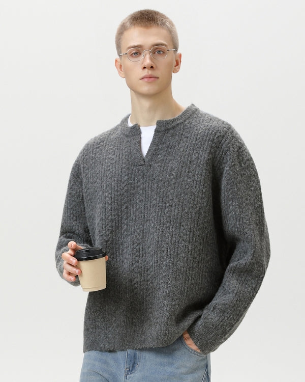 Cable Knit Notch Neck Sweater – Classic Warm Knit