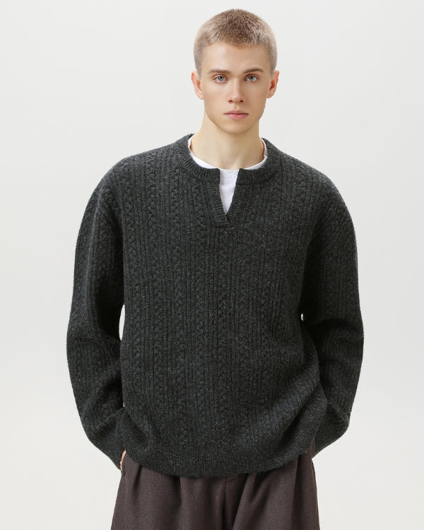 Cable Knit Notch Neck Sweater – Classic Warm Knit