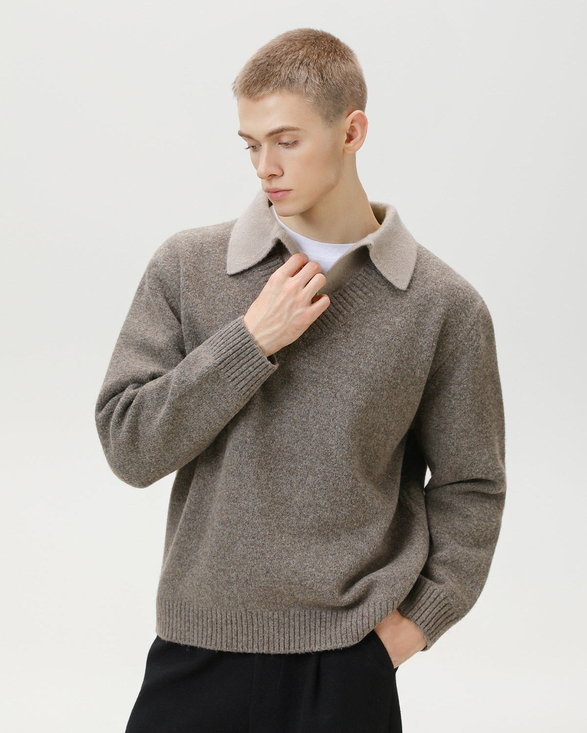 Wool Blend Collar V-Neck Knit Sweater – Smart